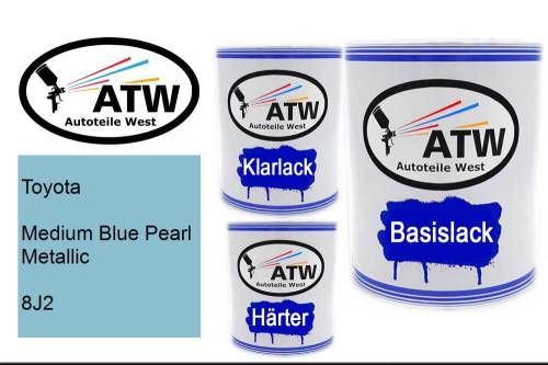 Toyota, Medium Blue Pearl Metallic, 8J2: 1L Lackdose + 1L Klarlack + 500ml Härter - Set, von ATW Autoteile West.